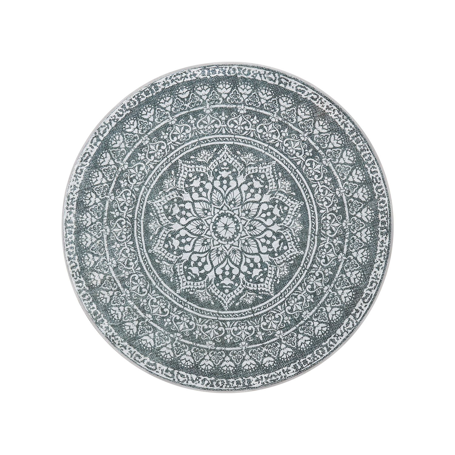 Boho stiliaus apskritas kilimas su raštais | 120 x 120 cm | Pilka