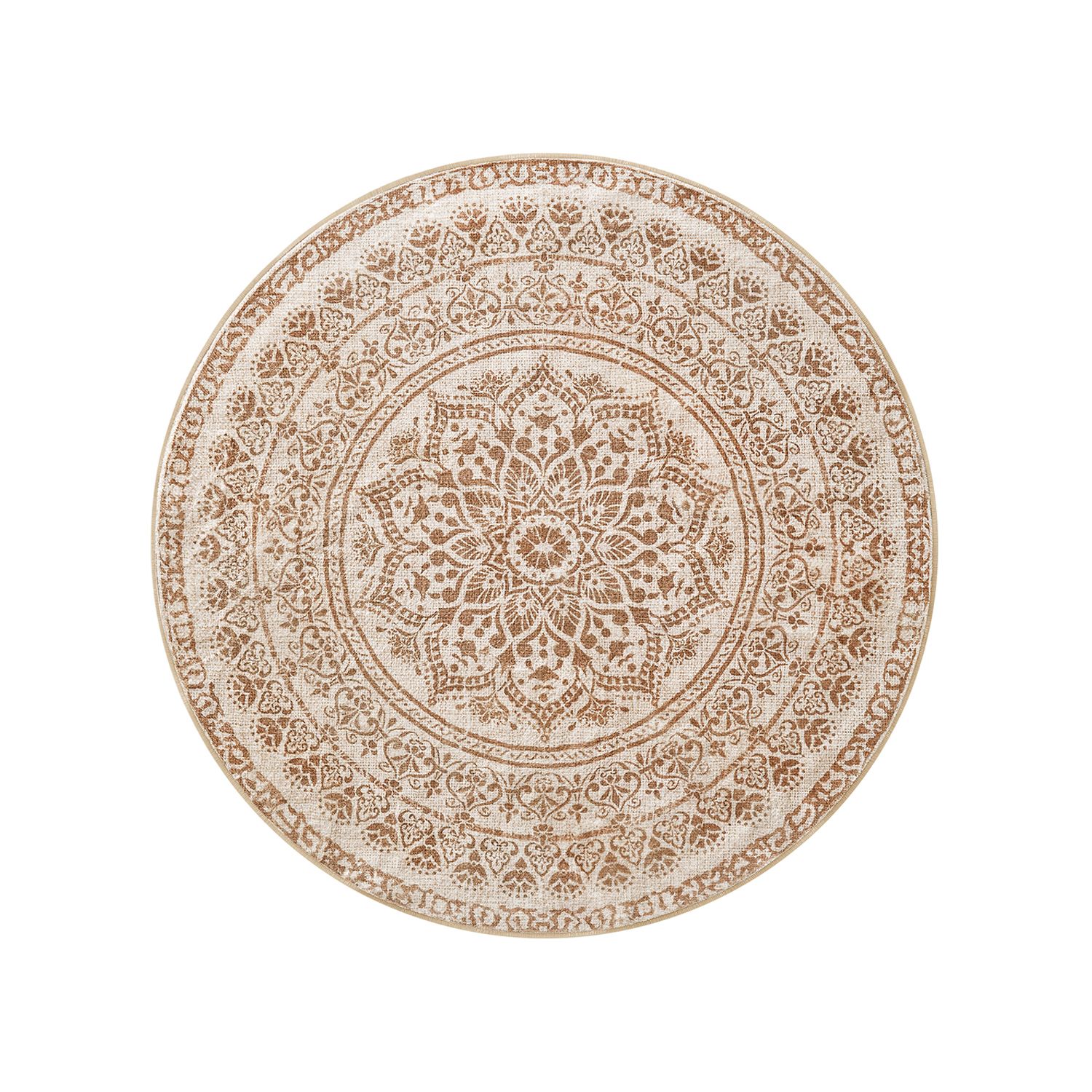 Boho stiliaus apskritas kilimas su raštais | 120 x 120 cm | Smėlio