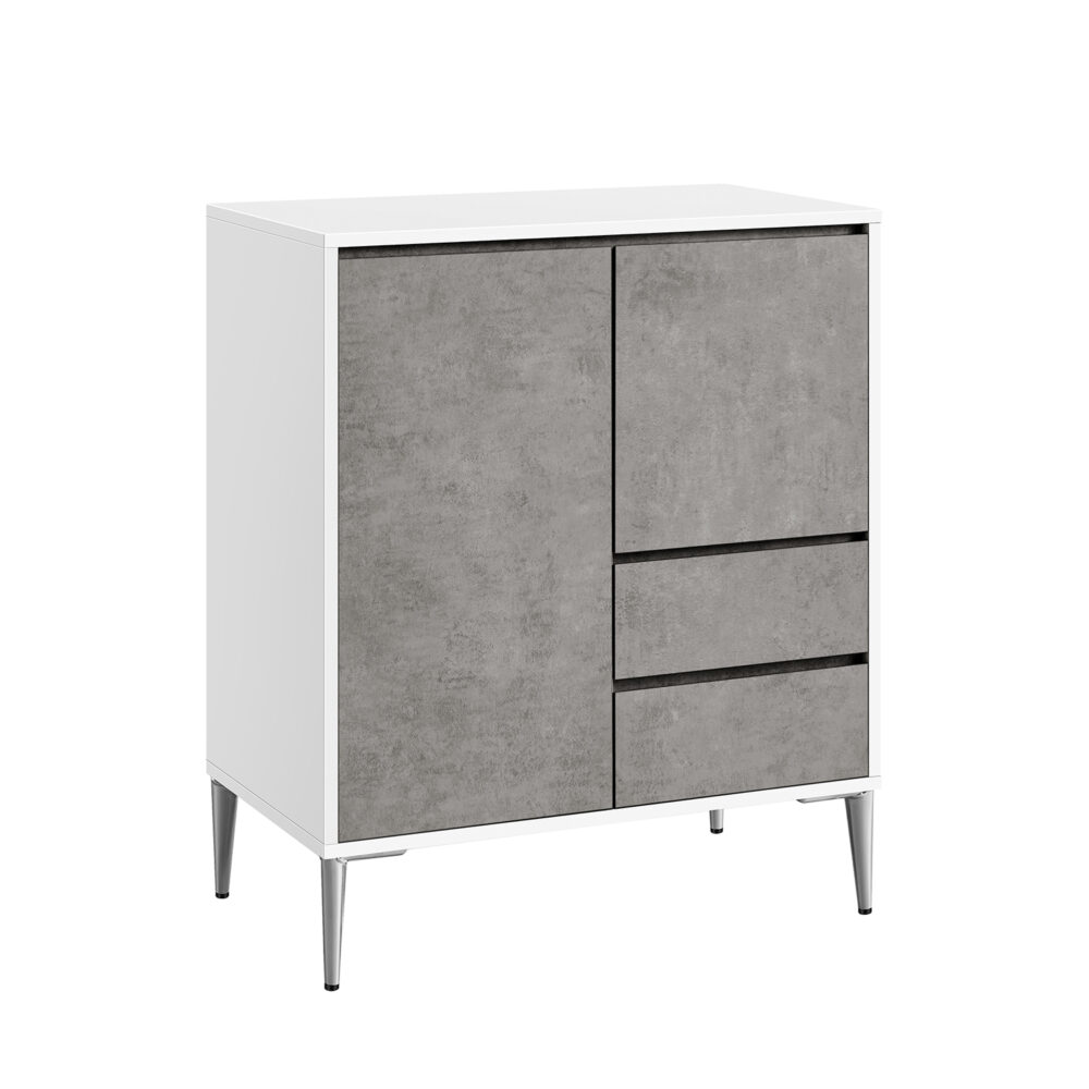 Moderni minimalistinė spintelė | 2 stalčiai | 2 durelės | Pilka balta
