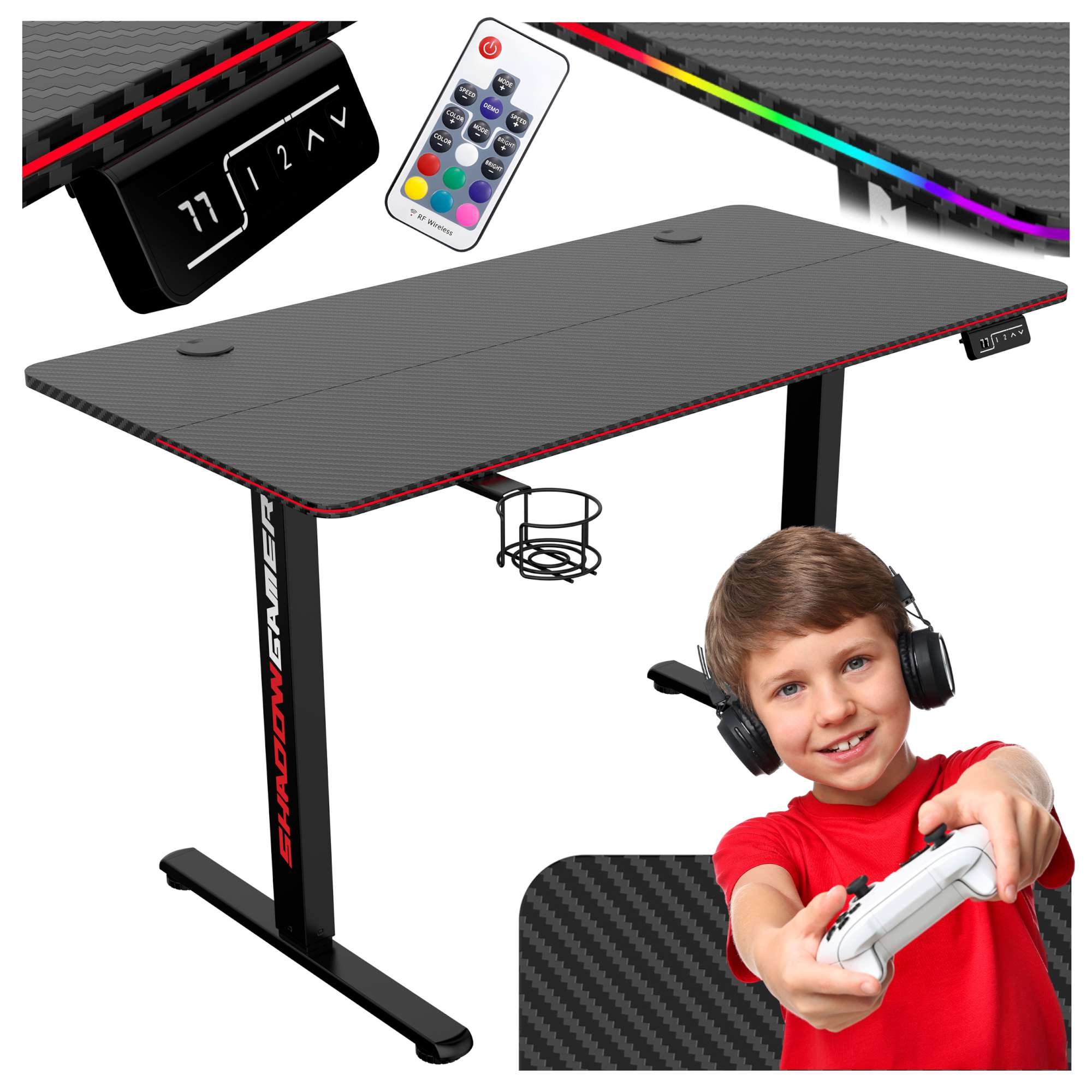 SHADOW GAMER elektrinis 2.0 LED RGB žaidimų stalas 160 cm