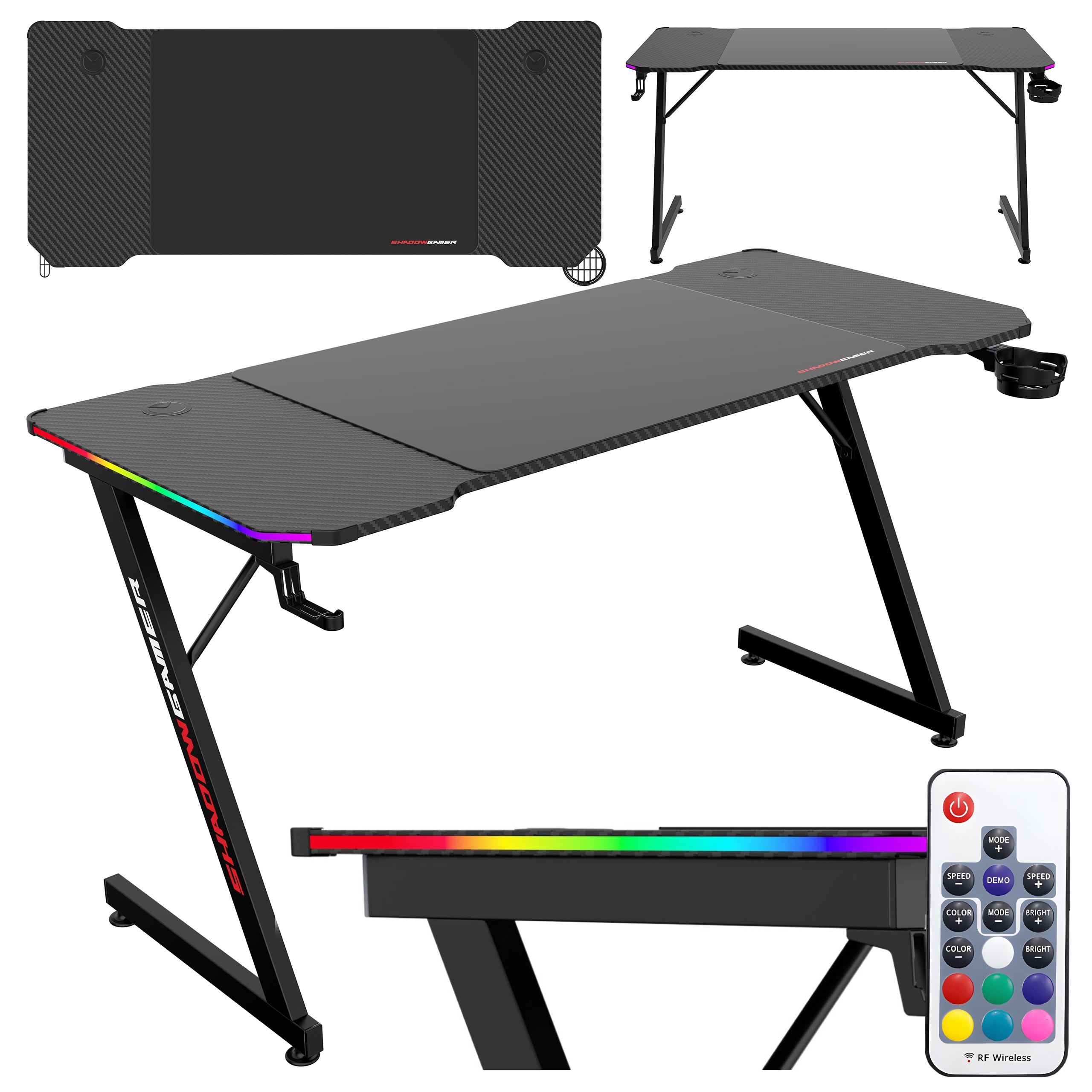 SHADOW GAMER 2.0 žaidimų stalas 140 cm LED RGB kilimėlis