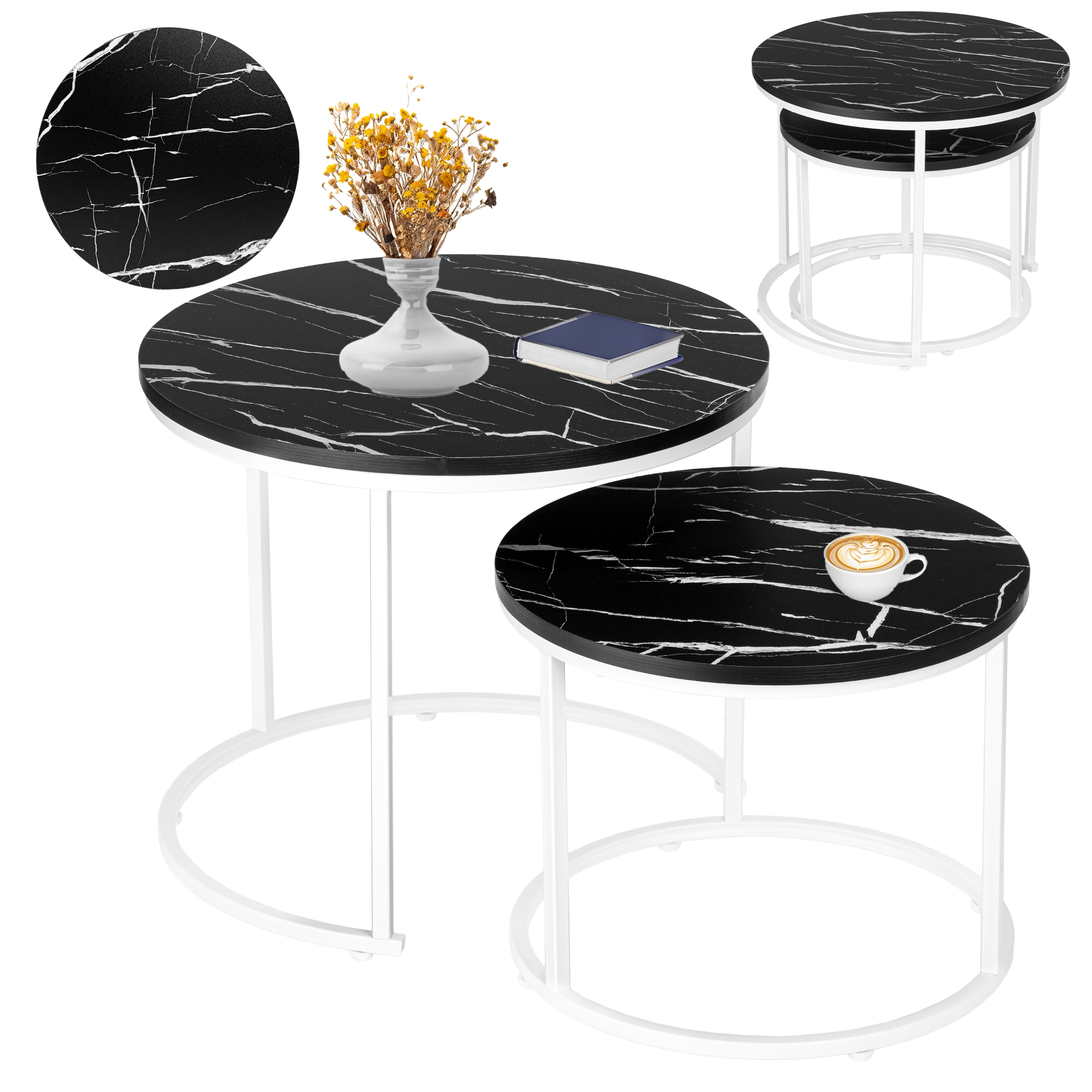 Dviejų stalų rinkinys "White Galen Small Black Marble