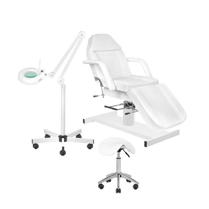 Rinkinys:  hidraulinis gultas 210 + pastatoma kosmetologinė LED lempa-lupa S5 + meistro kėdutė AM302