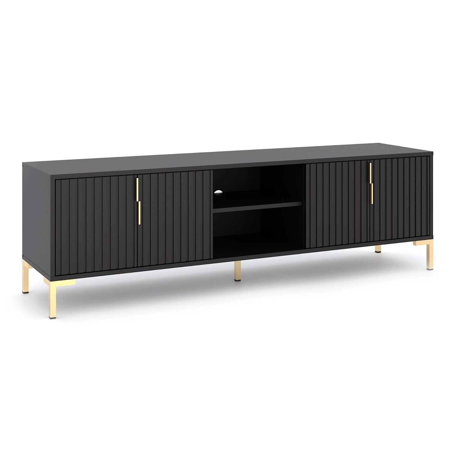 TV spintelė TORELLO 165 cm, juoda, graviruotu fasadu