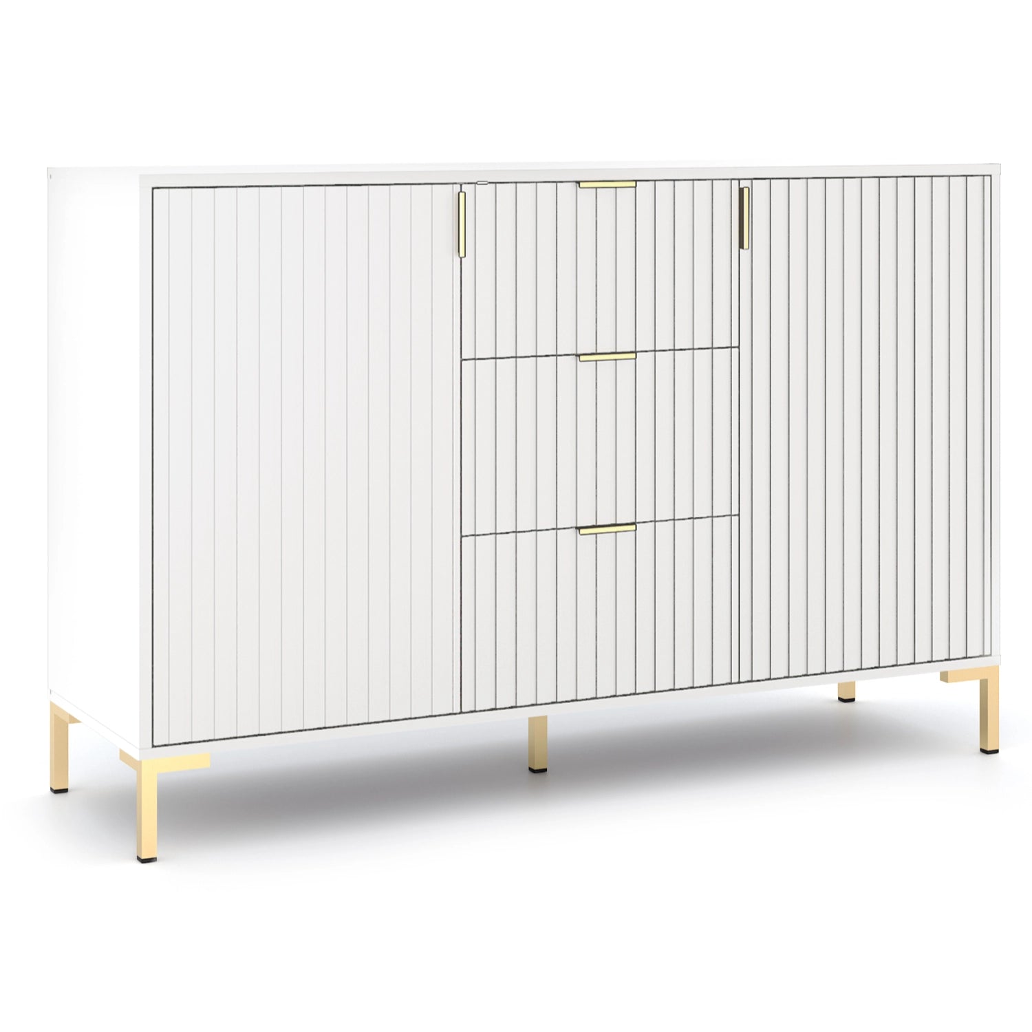 Komoda TORELLO 130 cm, balta 3 dalių su stalčiais