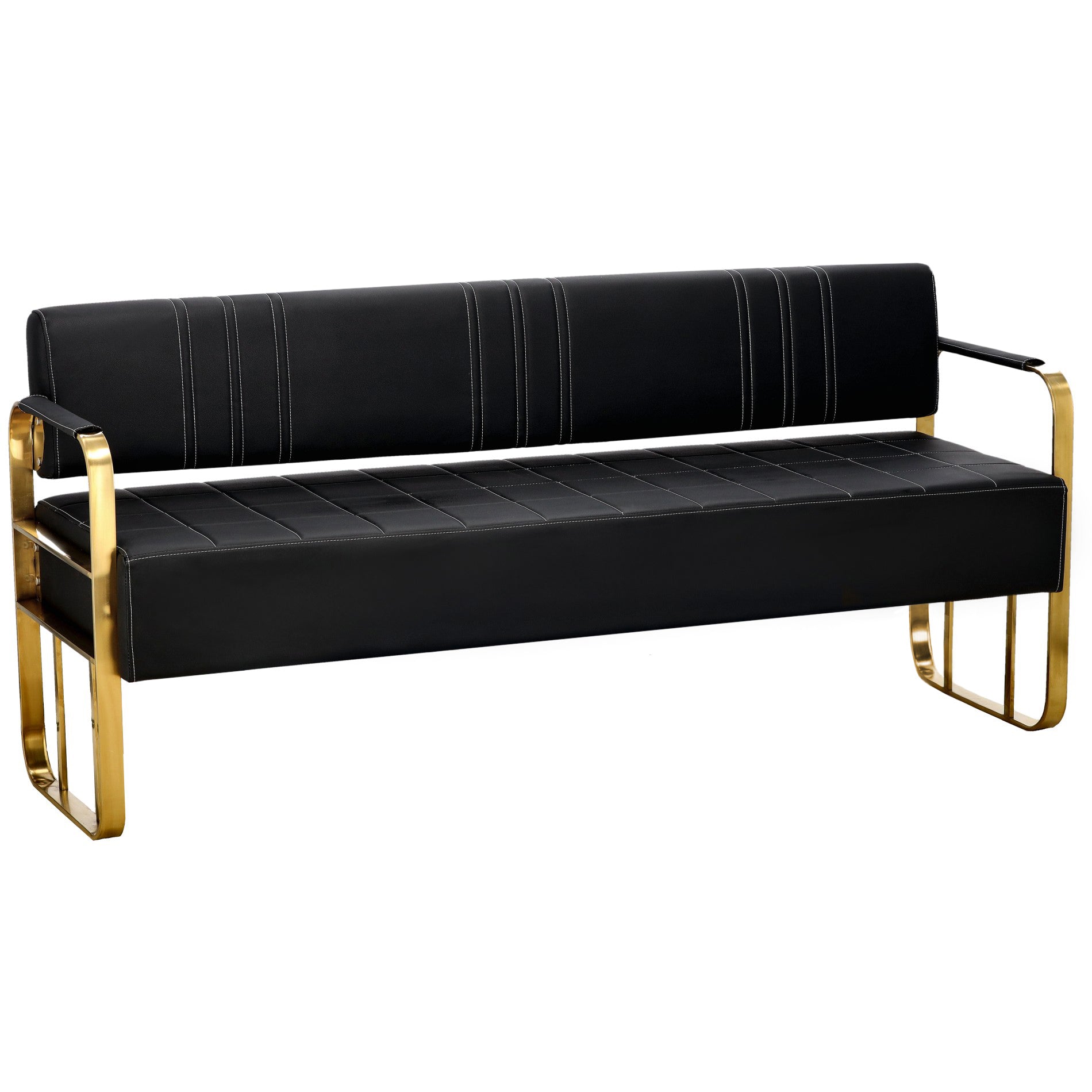 Juoda sofa, laukiamajam ar biurui su auksiniu rėmu
