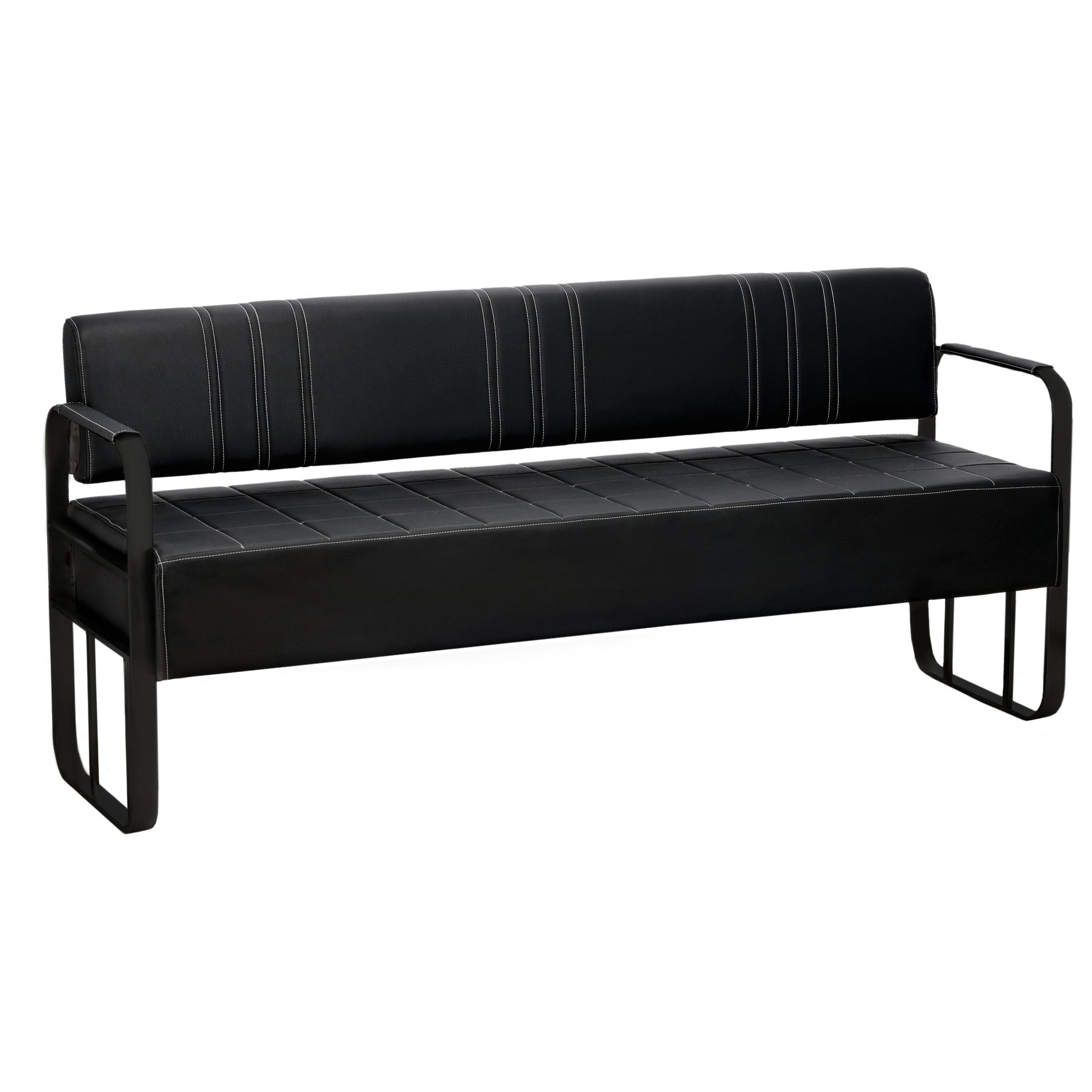 Juoda sofa, laukiamajam ar biurui su juodu matiniu rėmu