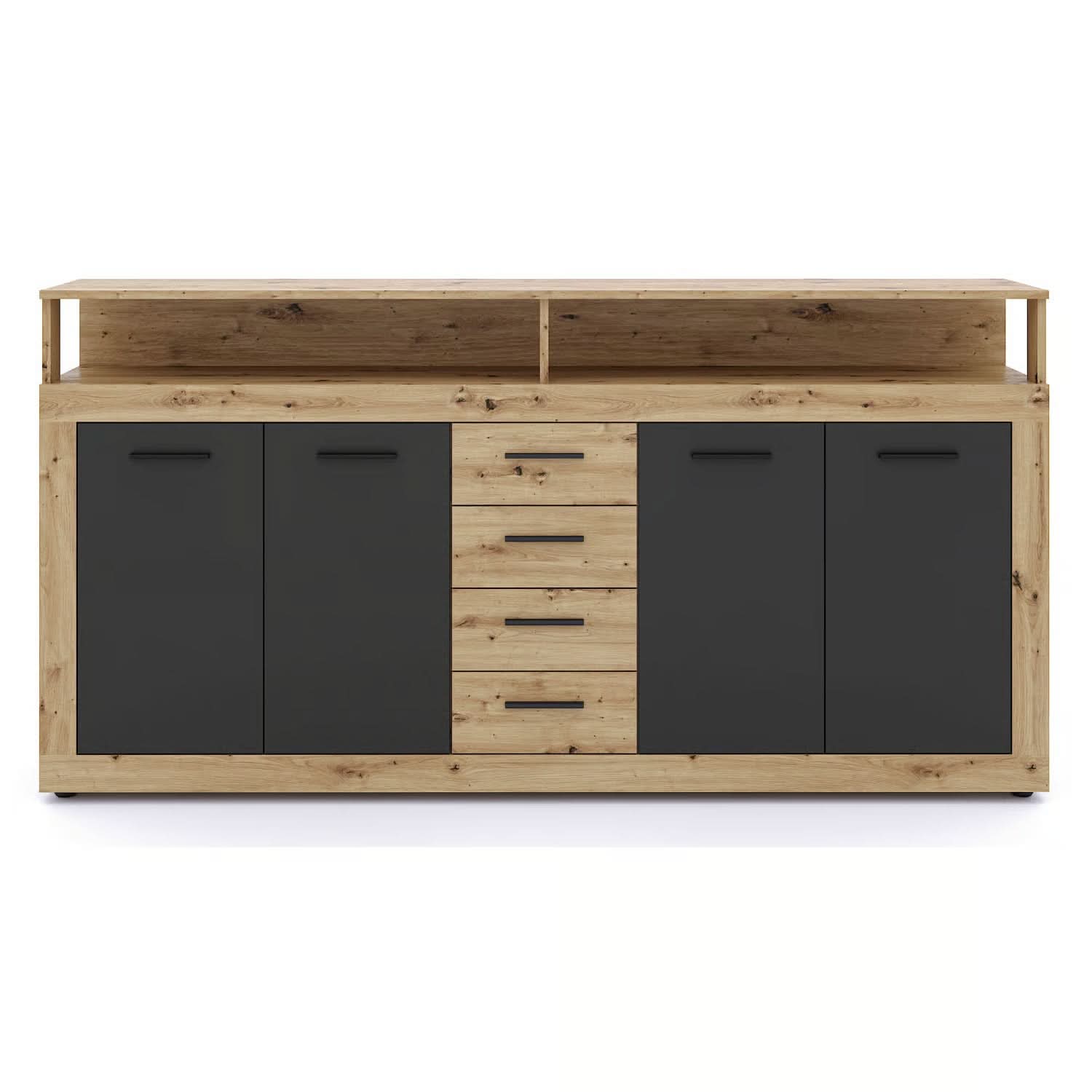 BLAGO keturių durų komoda 190 cm, šviesus ąžuolas / juoda, modernaus lofto stilius