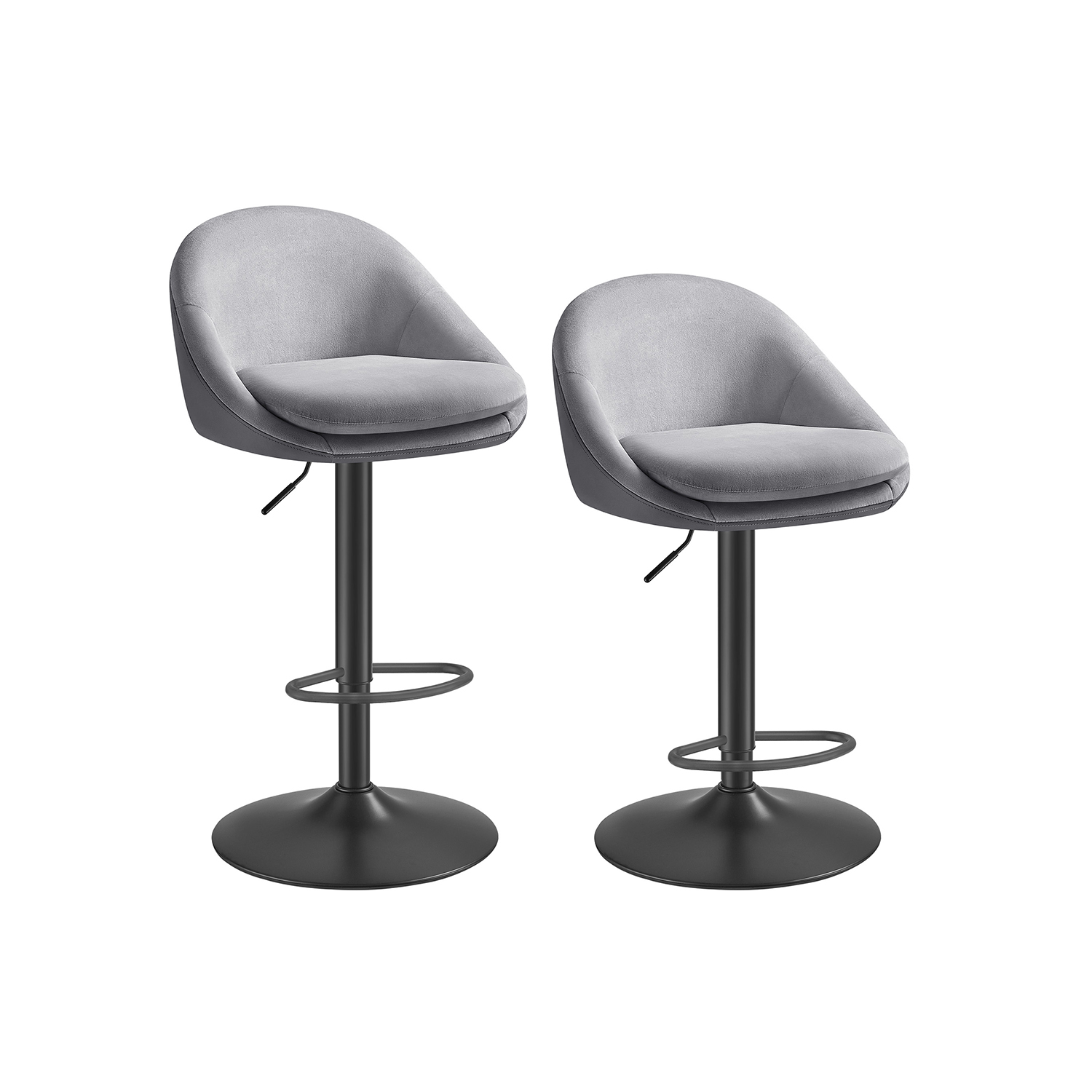 Veliūrinės baro kėdės su atlošu | 2 vnt. kompl. | 52.5 x 50 x (97.5-108.5) cm | Juoda, Pilka