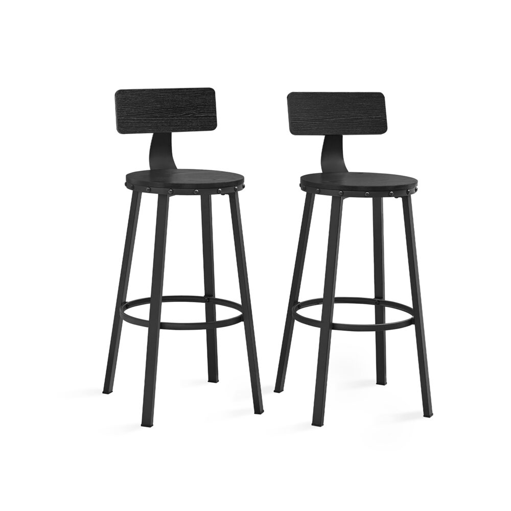 Industrinio stiliaus baro kėdės su atlošu 73 cm | 2 vnt. kompl. | Juoda