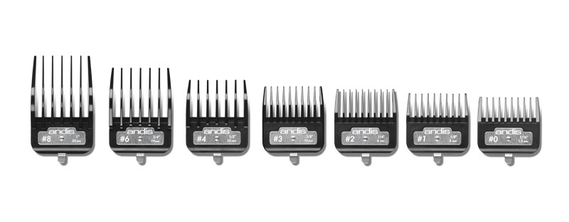 Šukų rinkinys Andis AN-33640, plaukų kirpimo mašinėlėms BG, BGR+, BGRV, BGRC, BGC, BGS, SMC, DBLC, 7 vnt., 0, 1, 2, 3, 4, 6, 8 dydžių