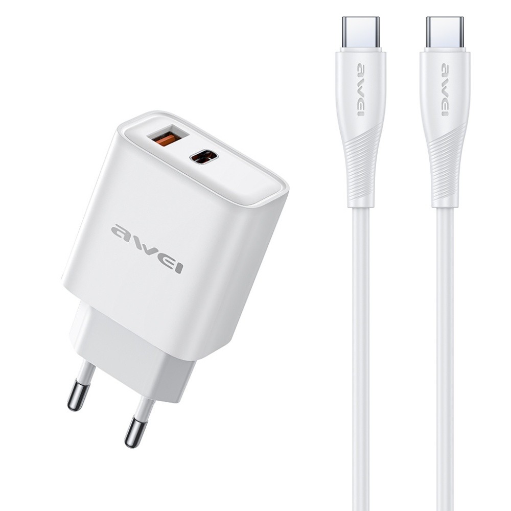 Įkroviklis Awei PD81C-EU 22.5W USB-A/USB-C + USB-C to USB-C cable 1.0m baltas