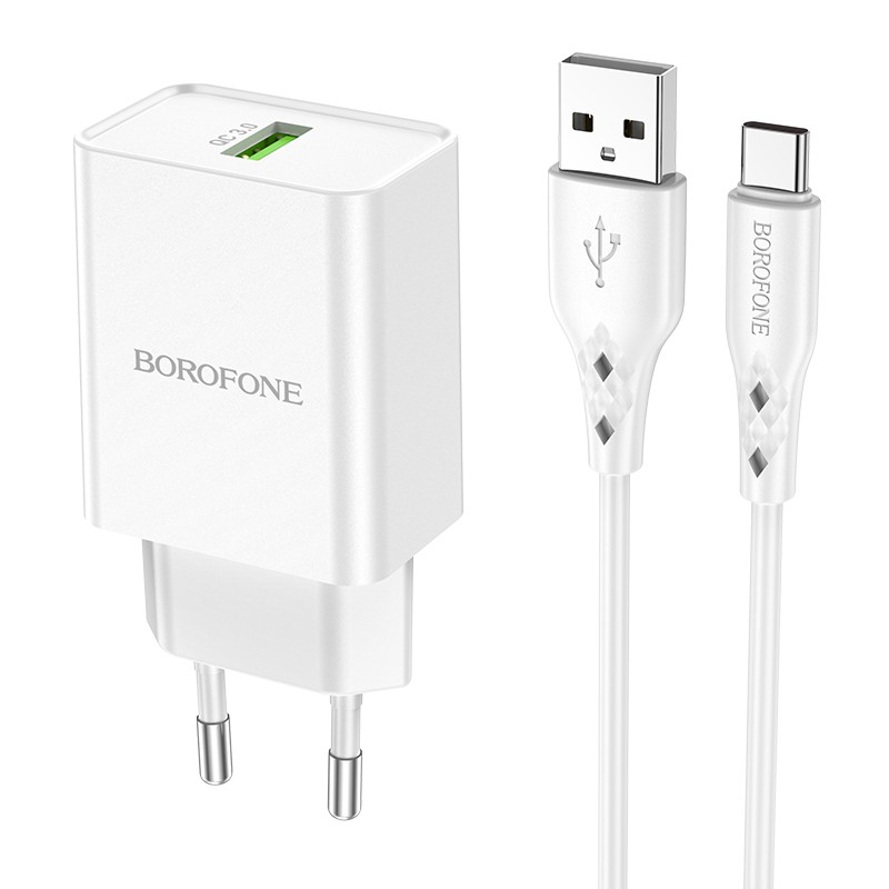 Įkroviklis Borofone BN5 18W USB-A + USB-A to USB-C cable 1.0m baltas