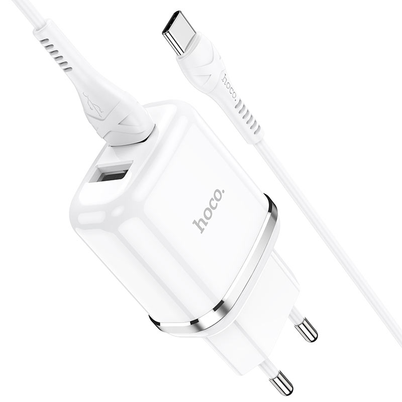 Įkroviklis Hoco N4 12W 2xUSB-A + USB-A to USB-C cable 1.0m baltas