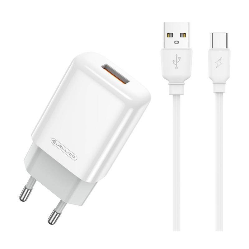 Įkroviklis Jellico EU01 2.4A USB-A + USB-A to USB-C cable 1.0m baltas