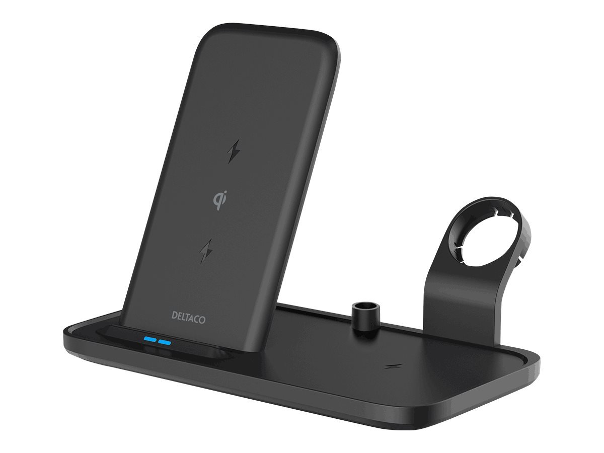 Belaidis įkroviklis DELTACO 3-in-1, 10 W, USB-C, Qi sertifikuotas, LED indikatorius, juodas /QI-1036
