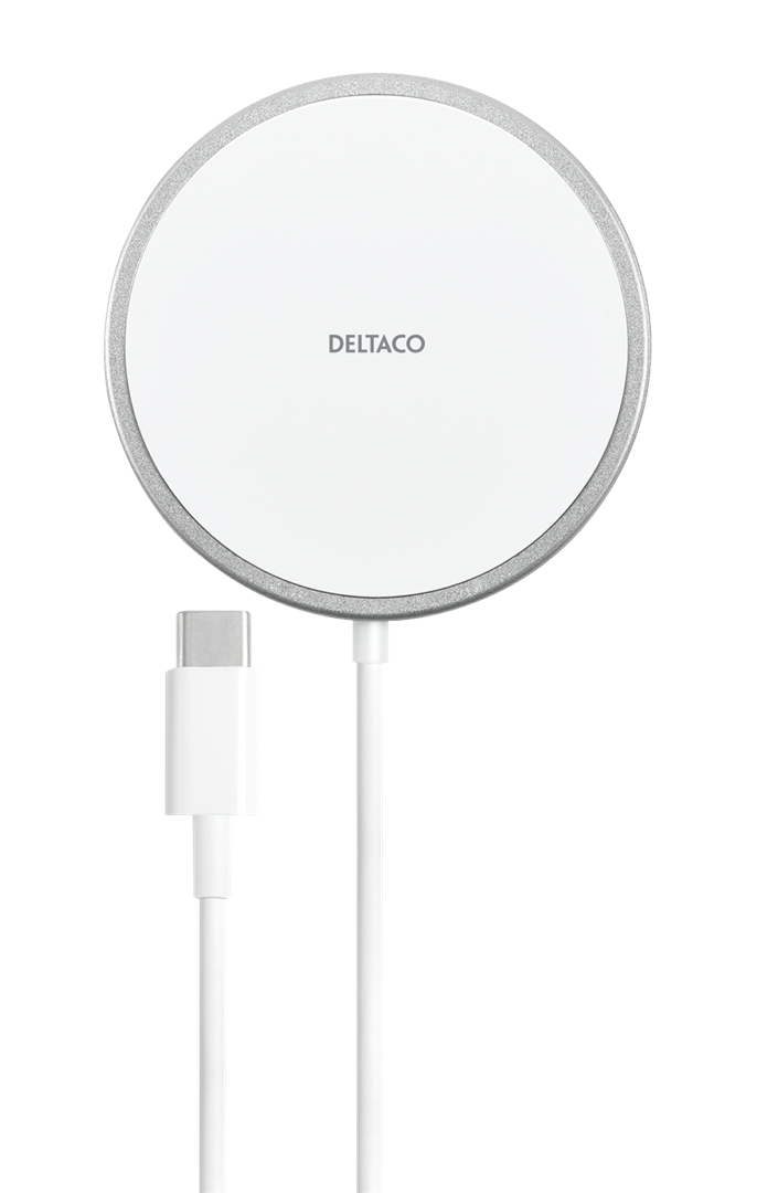Bevielis įkroviklis DELTACO magnetinis, 5W, USB-C, baltas/sidabrinis / QI-1034
