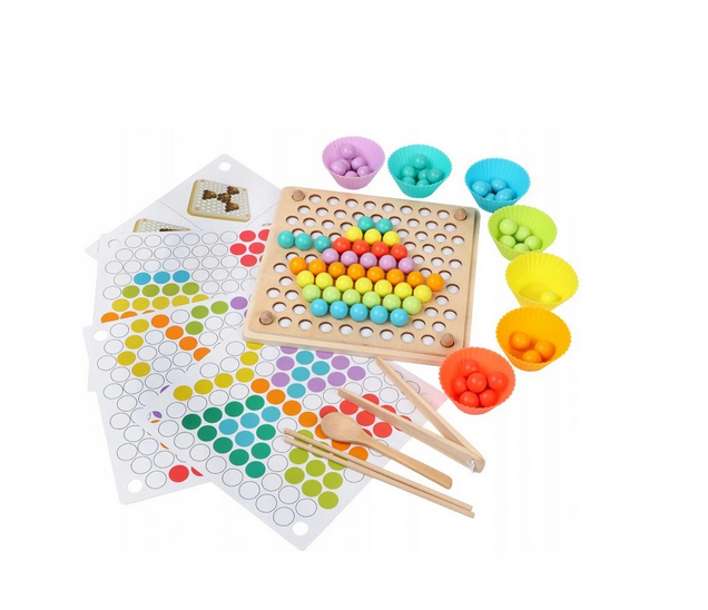 Medinė dėlionė Montessori su spalvotais rutuliukais BEAD HOLDER