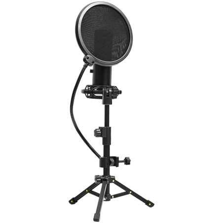 LORGAR Voicer 721, Gaming Microphone, Black, USB condenser microphone with tripod stand and pop filter, including 1 microphone, 1 metal tripod, 1 plastic shock mount, 1 windscreen cap, 2m USB Type C cable, 1 pop filter, 1 tripod mount ring, 154.6x56.1mm|LRG-CMT721