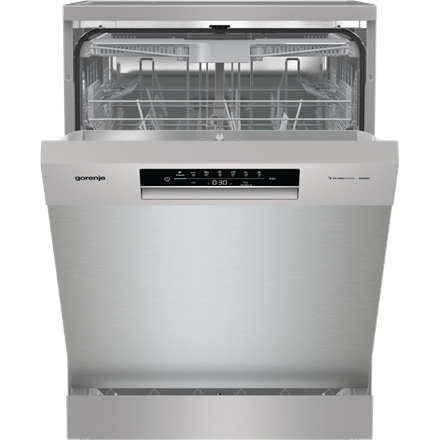 Dishwasher | GS643E90X | Free standing | Width 59.9 cm | Number of place settings 16 | Number of programs 6 | Energy efficiency class E | Display | AquaStop function | Silver|GS643E90X