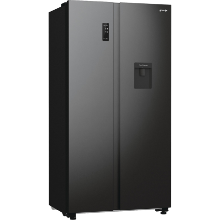 Gorenje Refrigerator | NRR9185EABXLWD | Energy efficiency class E | Free standing | Side by side | Height 178.6 cm | No Frost system | Fridge net capacity 355 L | Freezer net capacity 192 L | Display | 38 dB | Black|NRR9185EABXLWD