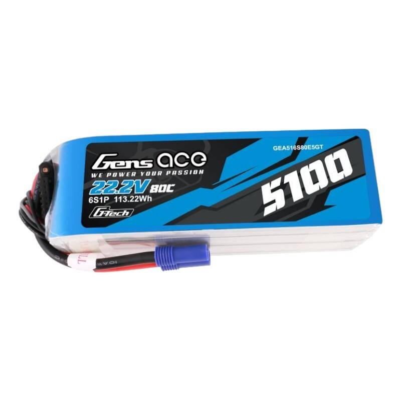 Gens ace G-Tech 5100mAh 80C 22.2V 6S1P Lipo akumuliatorius su EC5 kištuku