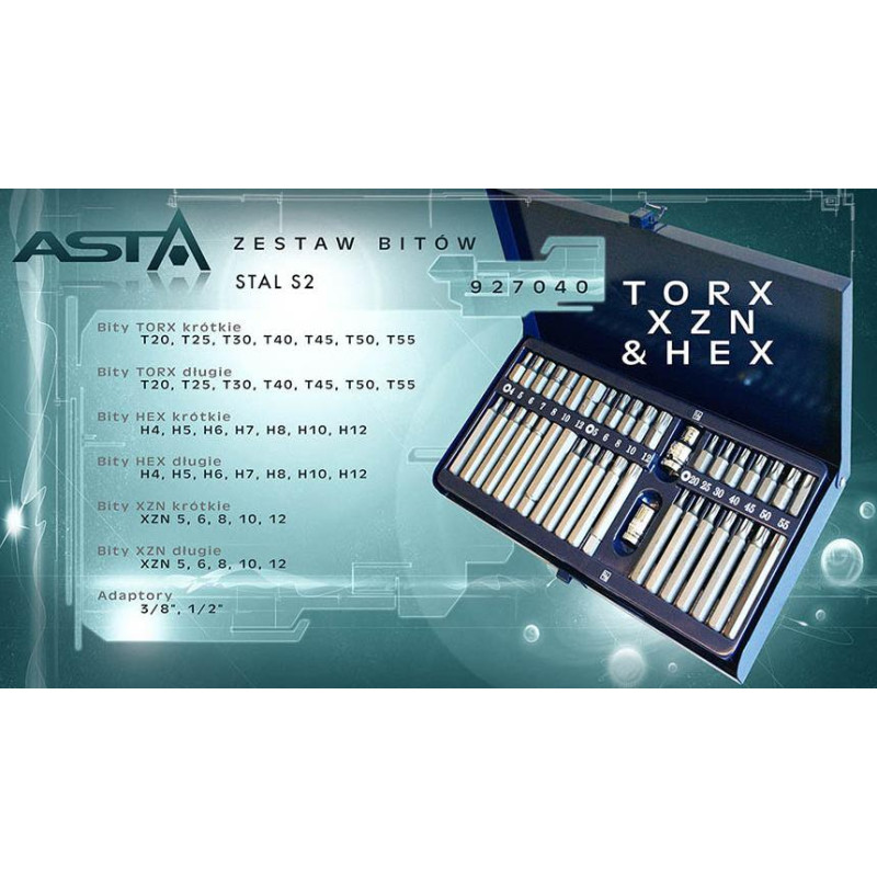 927040 ASTA grąžtų rinkinys 40vnt. ŠEŠIABRIAUNIAI VERŽLIARAKČIAI + ADAPTERIAI