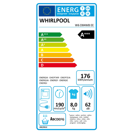 Whirlpool Dryer Machine with Heat Pump | W6 D84WB EE | Energy efficiency class A+++ | Front loading | 8 kg | LCD | Depth 65.6 cm | White|W6 D84WB EE