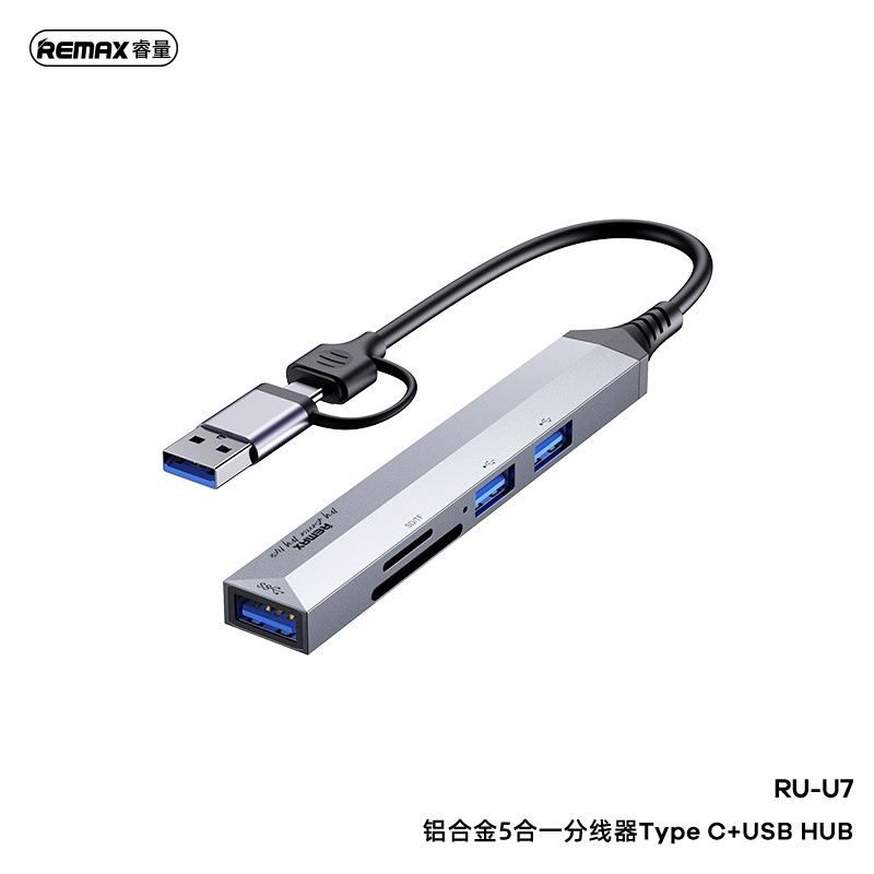 USB stotelė REMAX RU-U7, USB/Type-C į SD/TF, 3xUSB