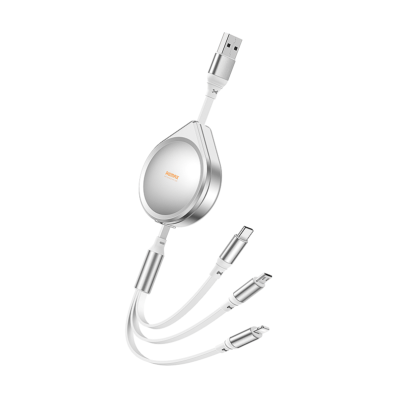 REMAX Drip Series 15W ištraukiamas 3-in-1 greitojo įkrovimo kabelis RC-C018 (USB to iPhone, Type C, Micro): Spalva - Sidabrinė