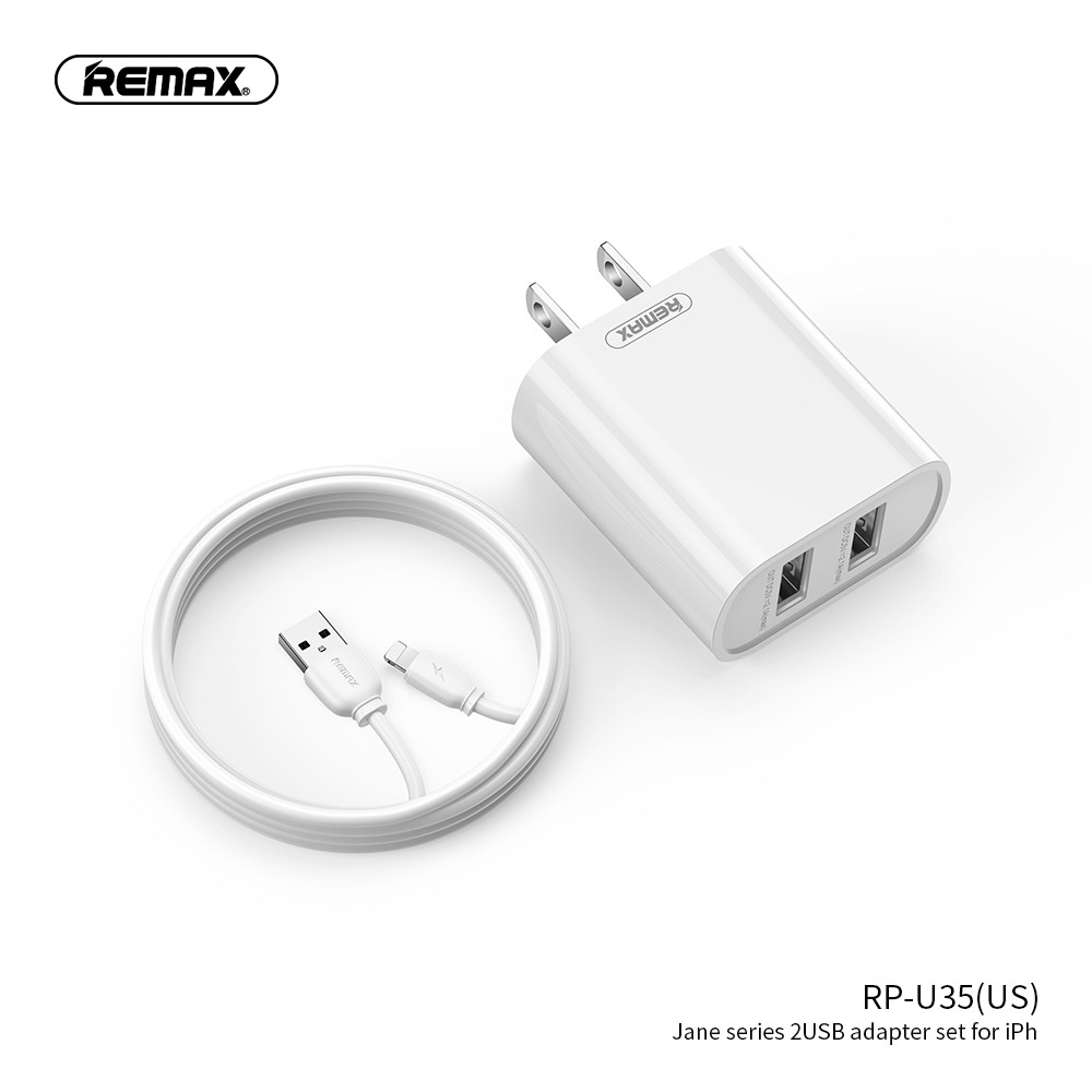 REMAX Jane serijos 2.1A 2USB įkroviklio+laido rinkinys RP-U35 (įkroviklis 2xUSB + laidas USB į Lightning), amer.kištukas