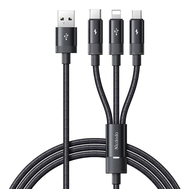 "3in1" USB ir USB-C / "Lightning" / "Micro USB" kabelis, "Mcdodo CA-5790", 3,5 A, 1,2 m (juodas)