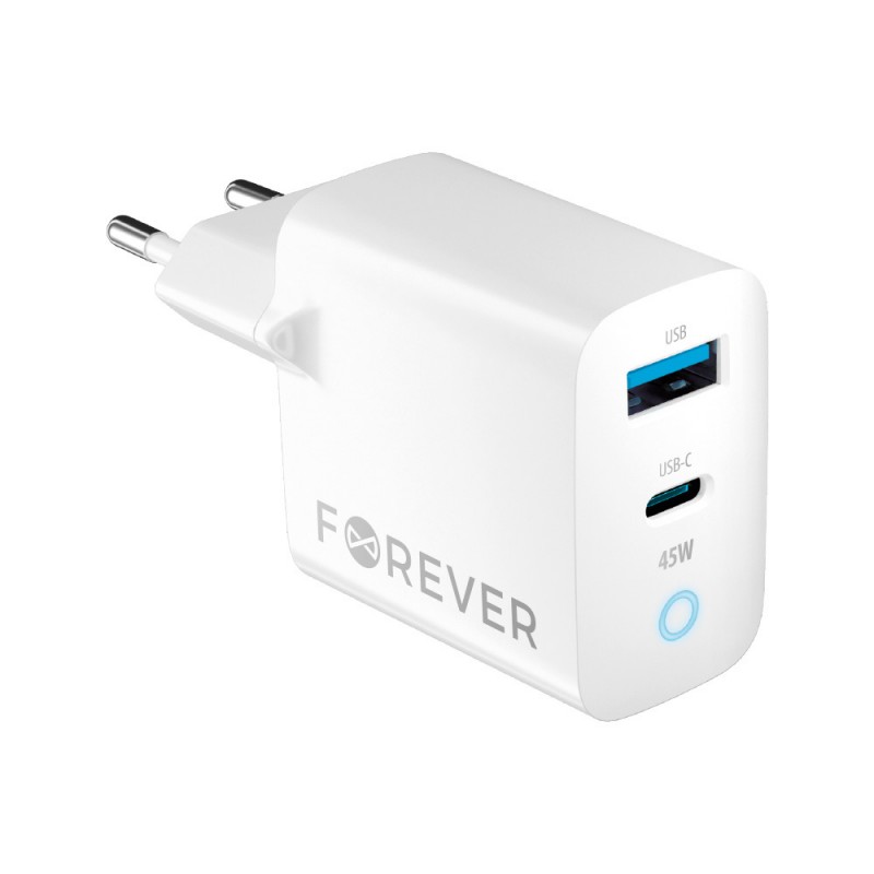 Forever TC-06-45AC GaN PD QC įkroviklis 1x USB-C 1x USB 45W baltas