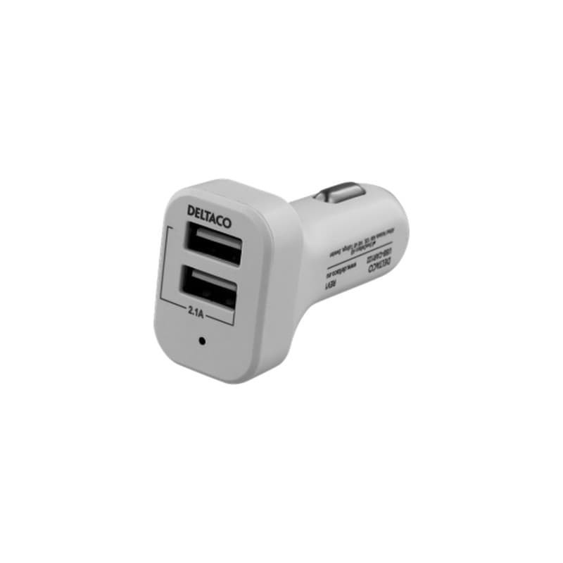 Deltaco Car Charger, 2xUSB-A, 12-24V, 2,1A 10W, white