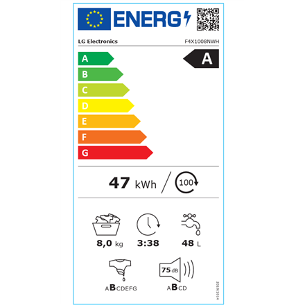 LG Washing Machine | F4X1008NWH | Energy efficiency class A | Front loading | Washing capacity 8 kg | 1400 RPM | Depth 56 cm | Width 60 cm | Display | LCD | Steam function | Direct drive | Wi-Fi | White|F4X1008NWH