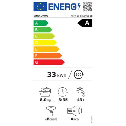 Whirlpool Washing machine | W7X 89 SILENCE EE | Energy efficiency class A | Front loading | Washing capacity 8 kg | 1400 RPM | Depth 61 cm | Width 60 cm | Display | LCD | White|W7X 89 SILENCE EE