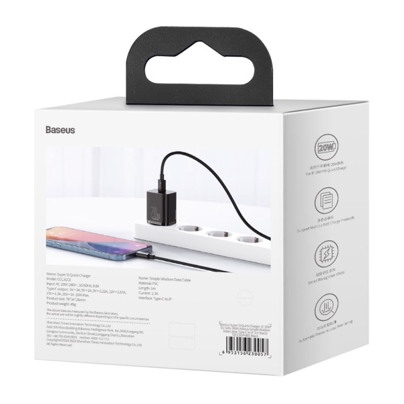 "Baseus" sieninis įkroviklis "Super Si PD" 20W 1x USB-C juodas + USB-C - Lightning kabelis