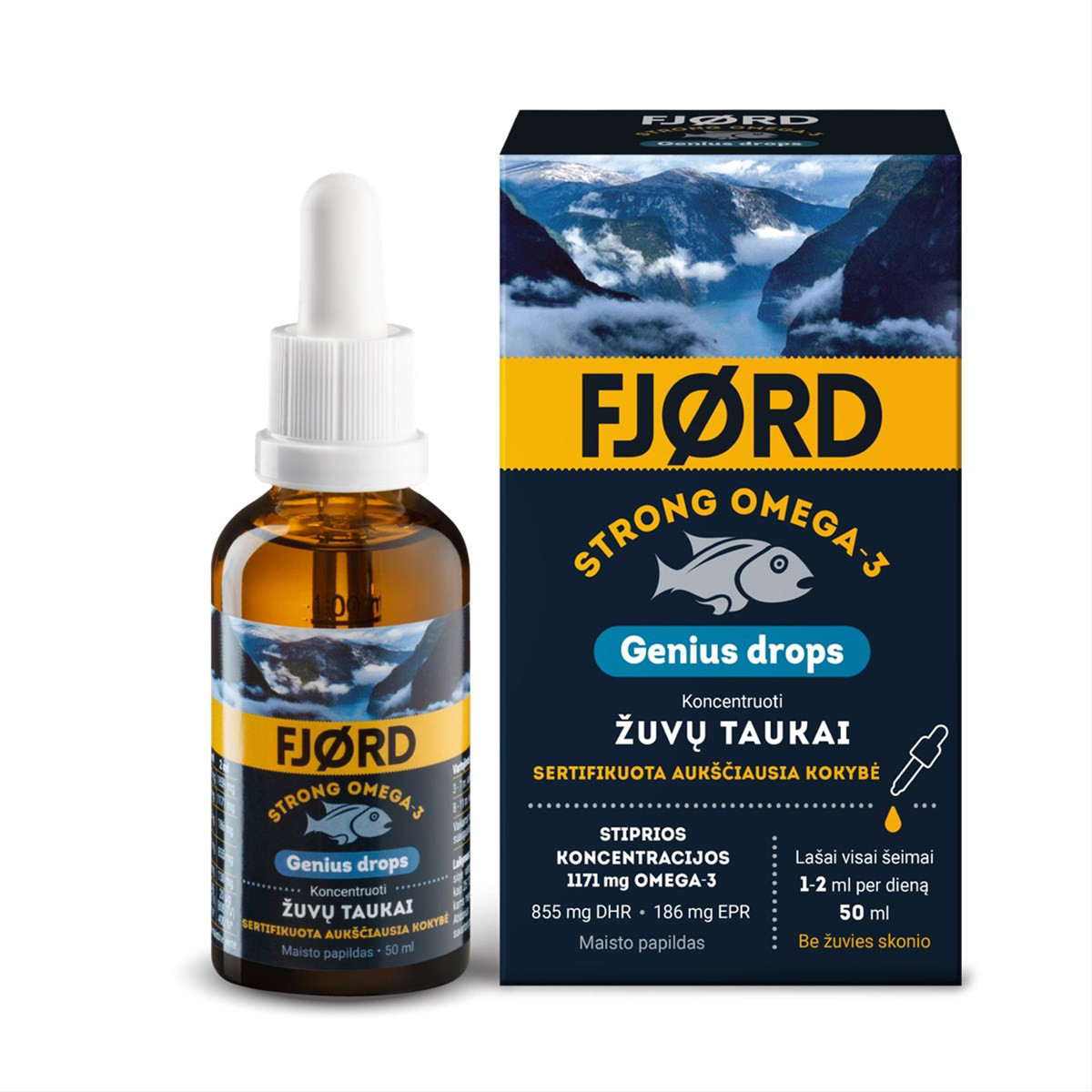 FJORD STRONG OMEGA-3, genius drops, žuvų taukai, lašai, 50 ml
