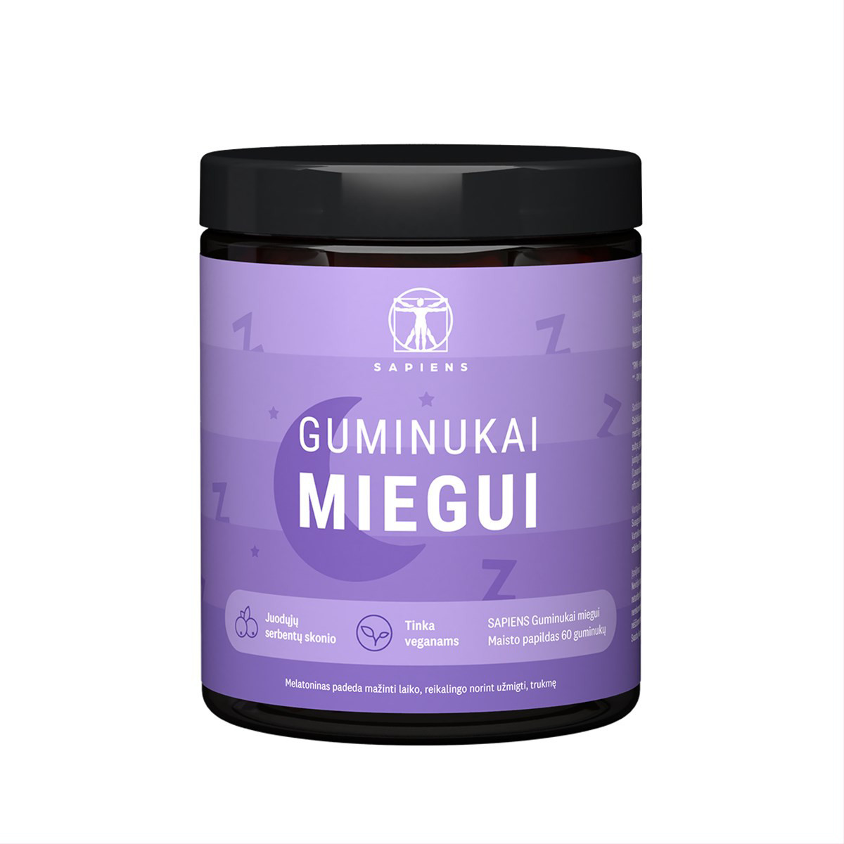 SAPIENS, guminukai miegui, su melatoninu, 60 guminukų
