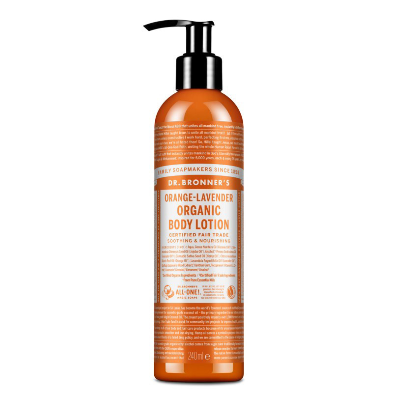 DR. BRONNER'S ORANGE-LAVENDER, ekologiškas kūno losjonas su apelsinų ir levandų eteriniais aliejais, 240 ml