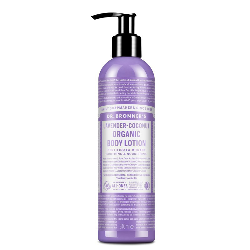 DR. BRONNER'S LAVENDER-COCONUT, ekologiškas kūno losjonas su eteriniu levandų ir kokosų aliejais, 240 ml