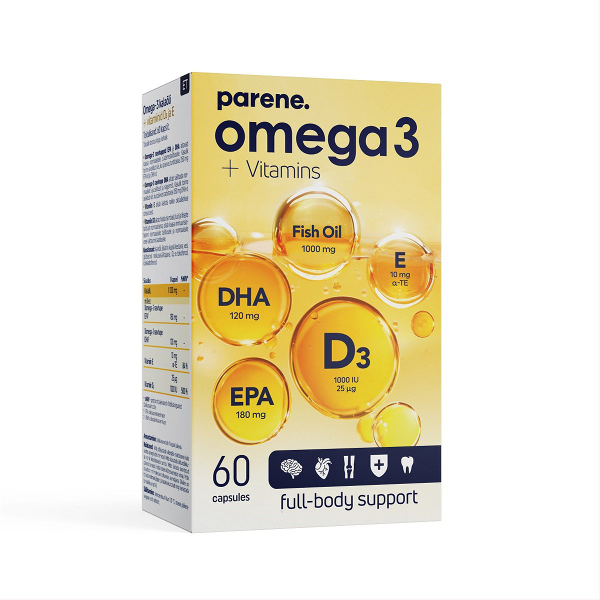 OMEGA 3 + VITAMINAI D IR E, 1000 mg, 60 kapsulių