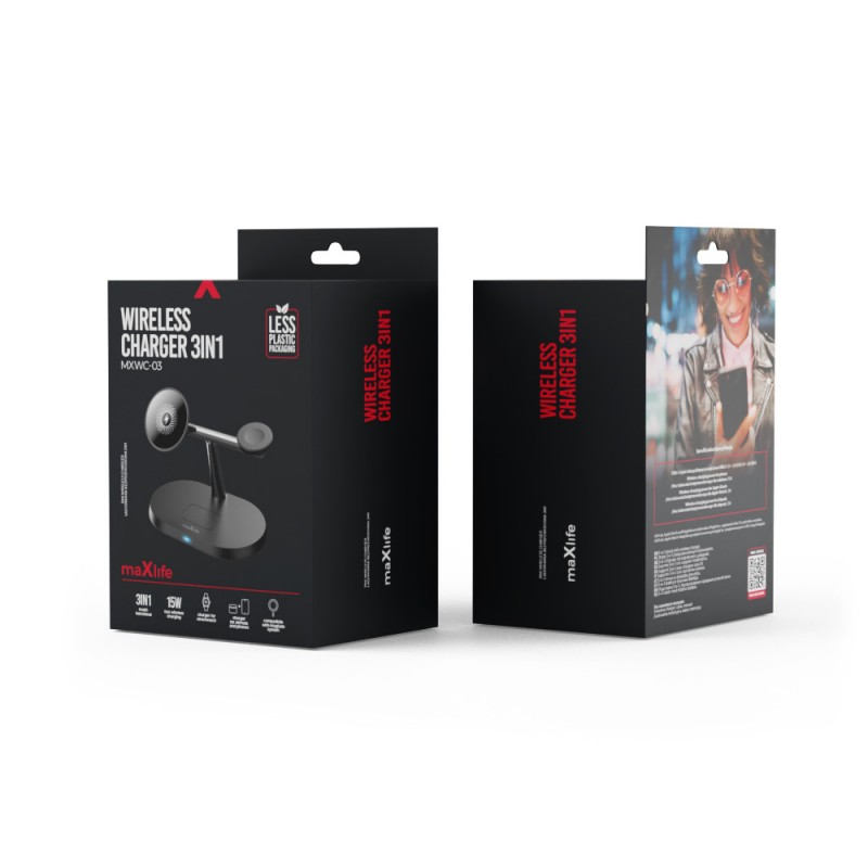 "Maxlife MXWC-02 3in1" belaidis įkroviklis 15W, juodas