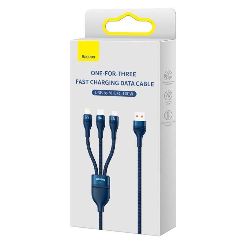 "Baseus" kabelis 3in1 Flash II USB - Lightning + USB-C + microUSB 1,2 m 3,5A mėlynas