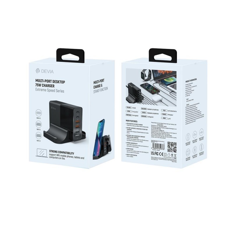 "Devia" sieninis įkroviklis Extreme PD QC 3.0 75W 2x USB-C 4x USB juodas