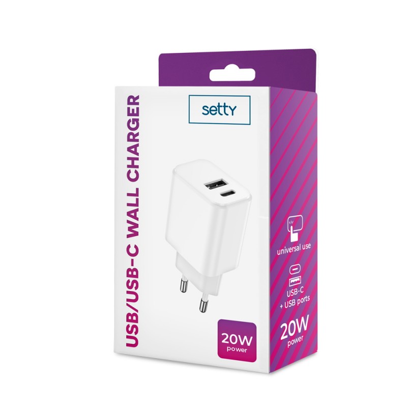 "Setty" įkroviklis 1x USB + USB-C 3A 20W baltos spalvos
