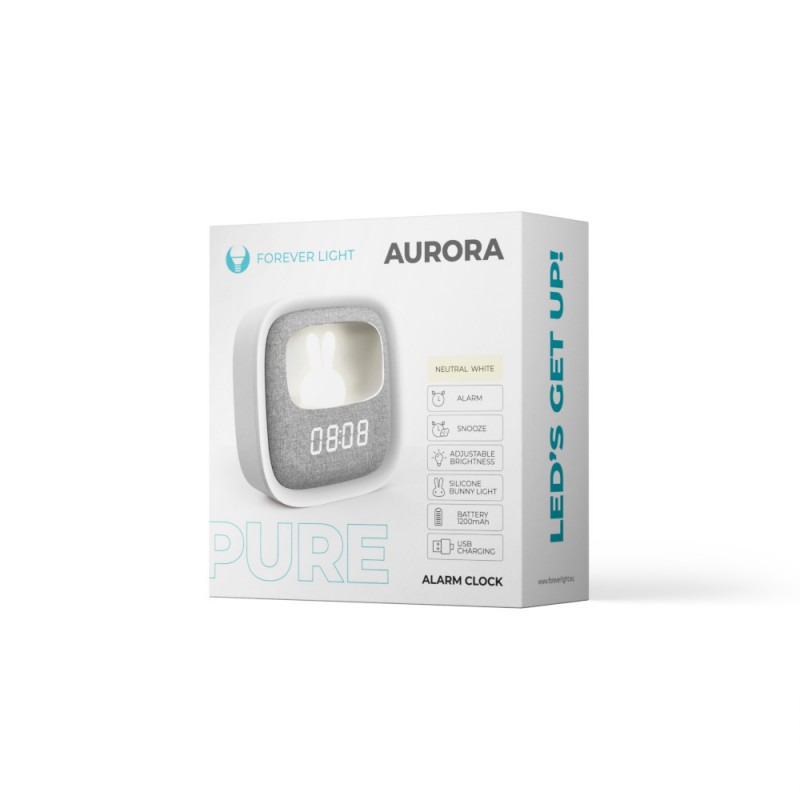 Žadintuvas su LED zuikio naktine šviesa PURE FNL-06 AURORA baltas kvadratinis Forever Light