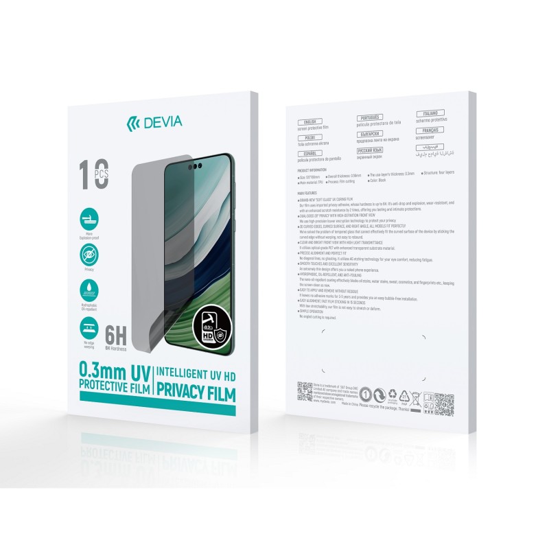 "Devia" išmaniųjų telefonų plėvelės UV 0,3 mm HD privatumo 10 vnt. 6H rinkinys, skirtas pjaustymo mašinai