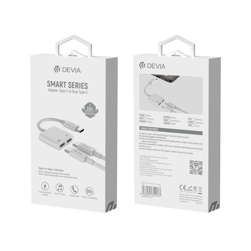 "Devia" adapteris Smart USB-C - USB-C (prievadas) + USB-C (prievadas), baltas