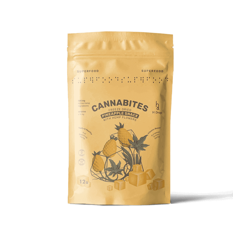 H DROP CANNABITES – Liofilizuoti Funkciniai Ananasų Kubeliai su Kanapių Žiedais